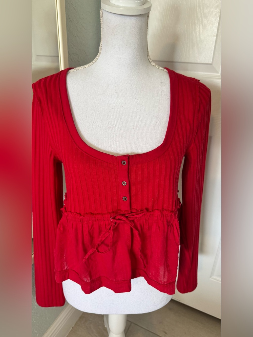 Anthropologie Pilcro Red Ribbed Babydoll Peplum Top Medium